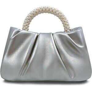 Women Small Pearl Handbags Soft Leather Silver